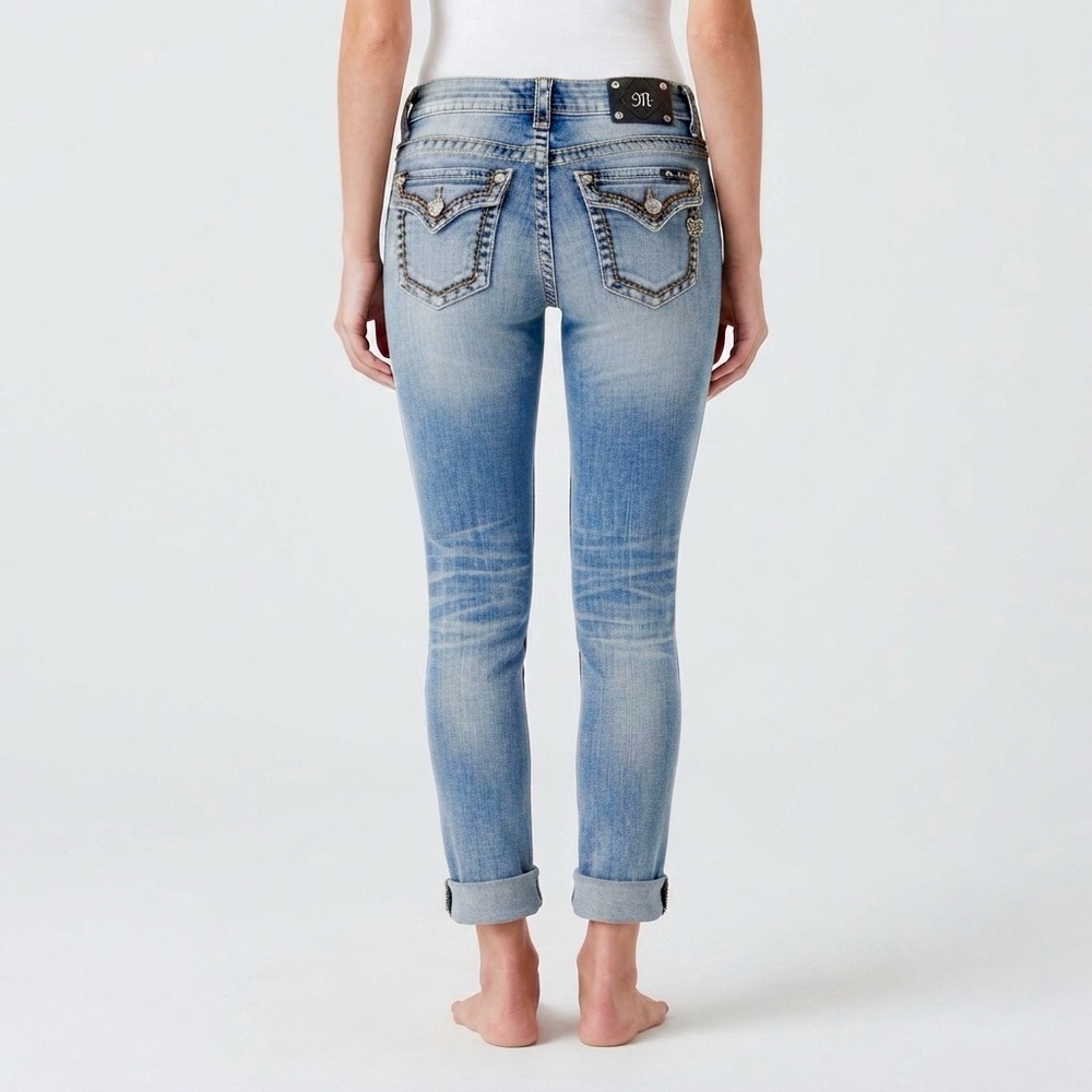 MISS ME Cuffed Skinny Jean Y2K Western Bling Distress Rhinestone Mid Rise Denim